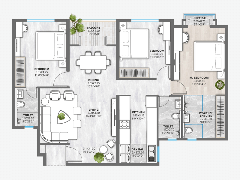 Ganga LIV 89 3 BHK Floor Plan